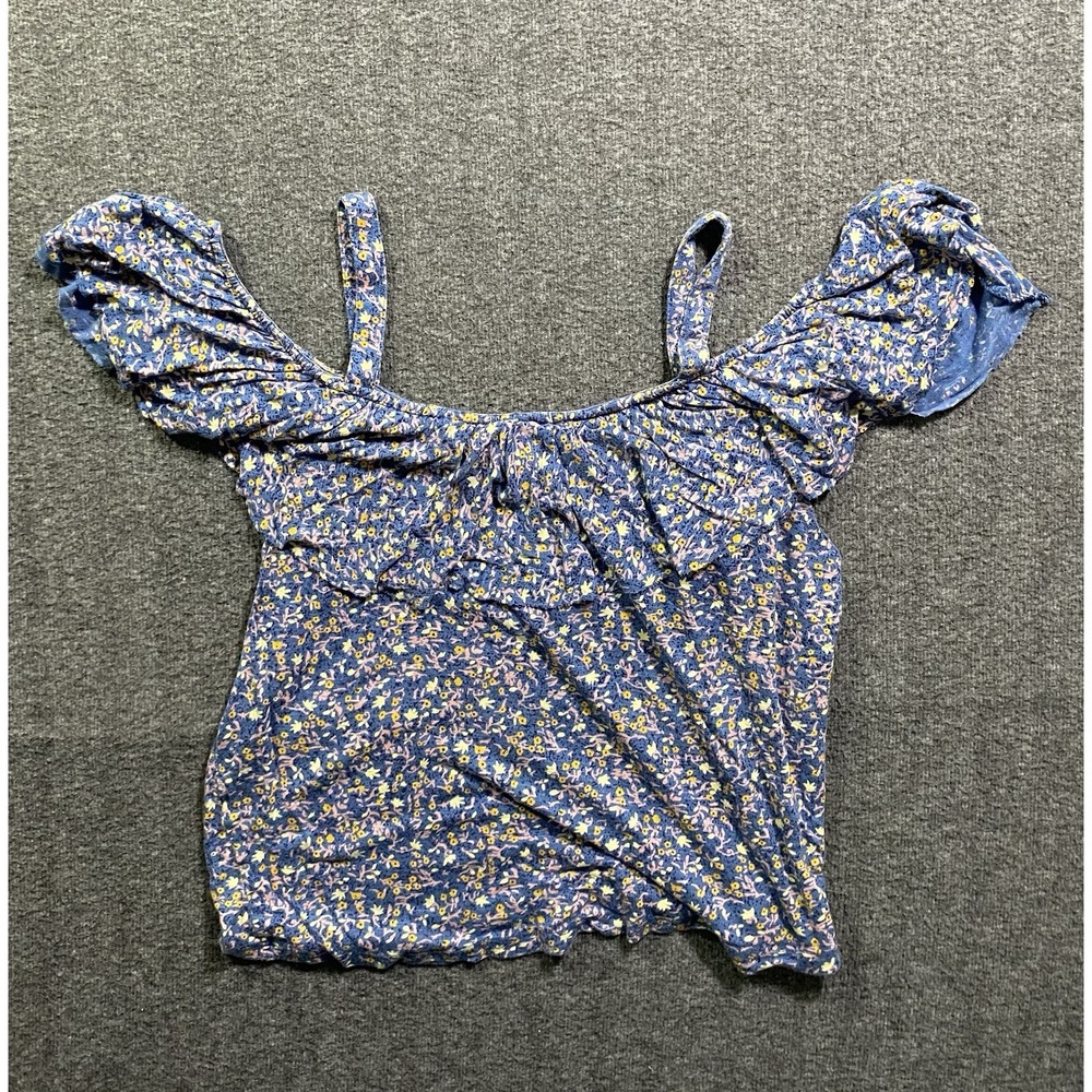 Lucky Brand Women Blue Floral Cold Shoulder Ruffle Blouse Top Boho Size M - Picture 5 of 6